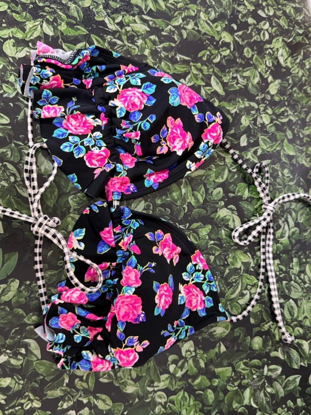 String Floral Ruffle Halter Bikini Top - Black with Pink Flowers - Picture 5 of 9